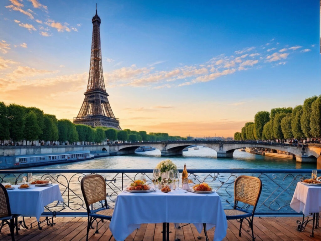 Romantisches Abendessen mit Blick auf den Eiffelturm und die Seine in Paris bei Sonnenuntergang.