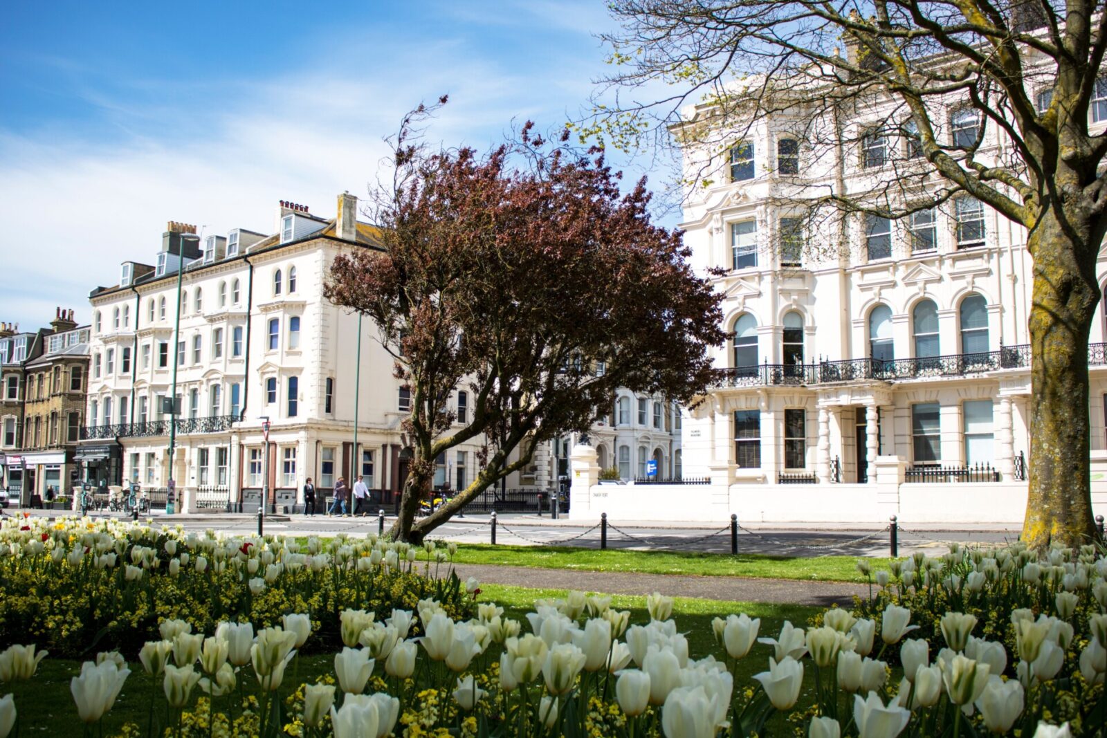 Frühlingshafte Parklandschaft mit blühenden Tulpen und historischen Gebäuden im Hintergrund.