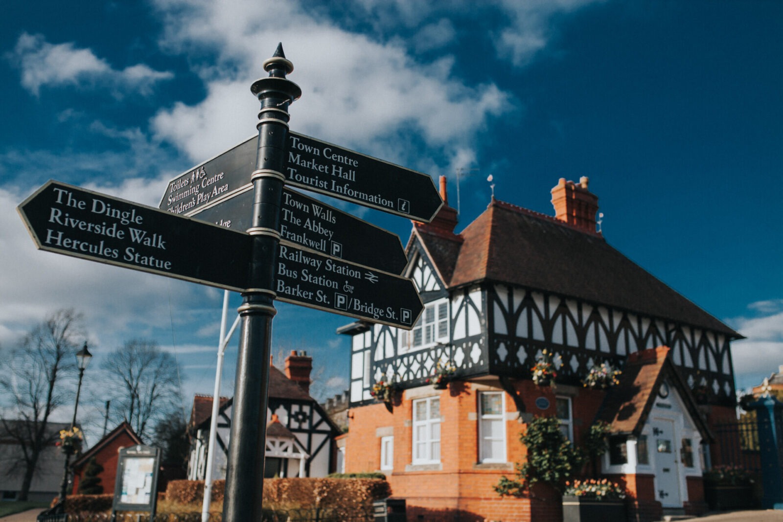 Wegweiser in Shrewsbury mit traditionellen Fachwerkhäusern im Hintergrund.